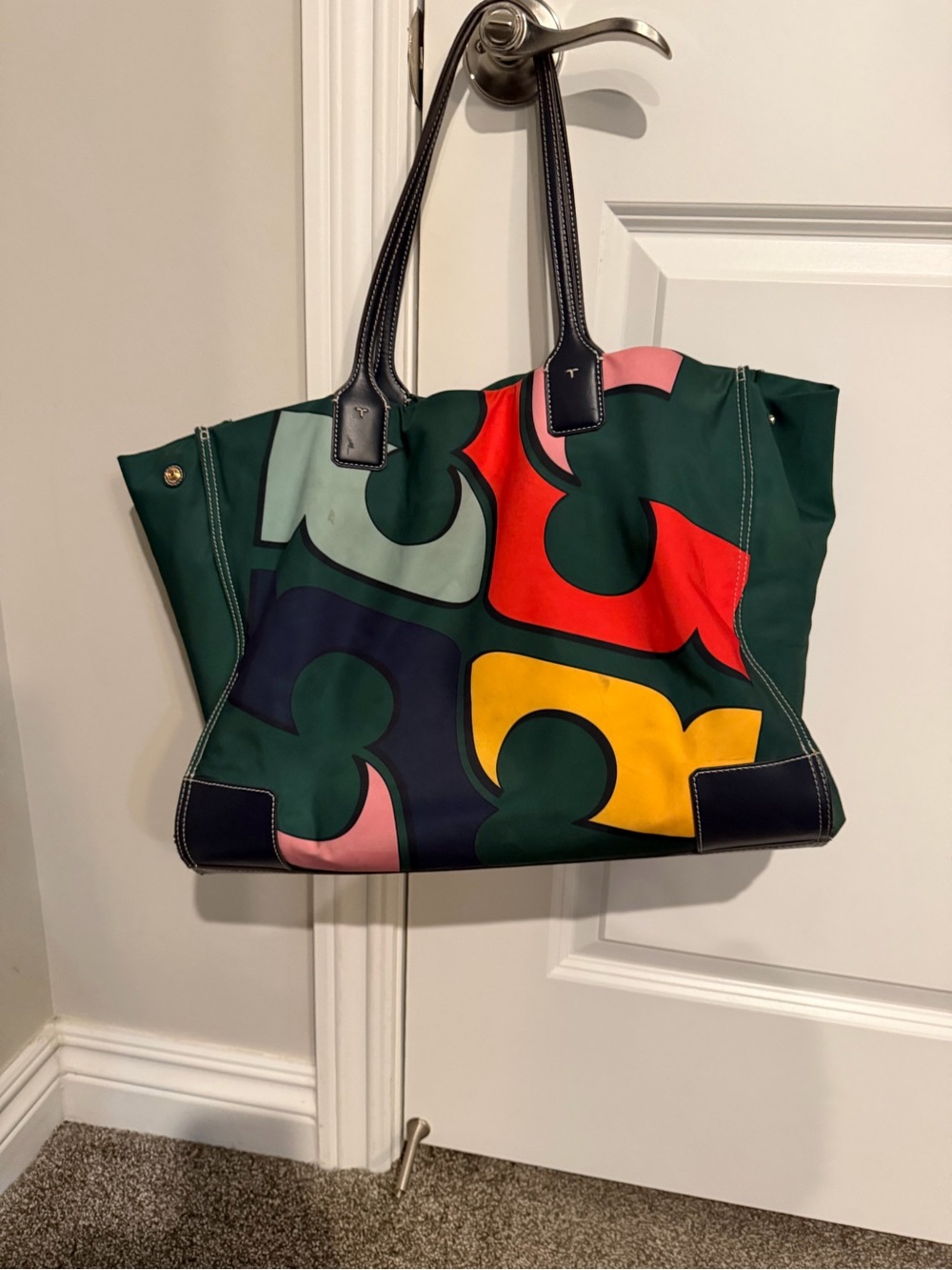 Tory Burch Dark Green Multicolor Graphic Tote